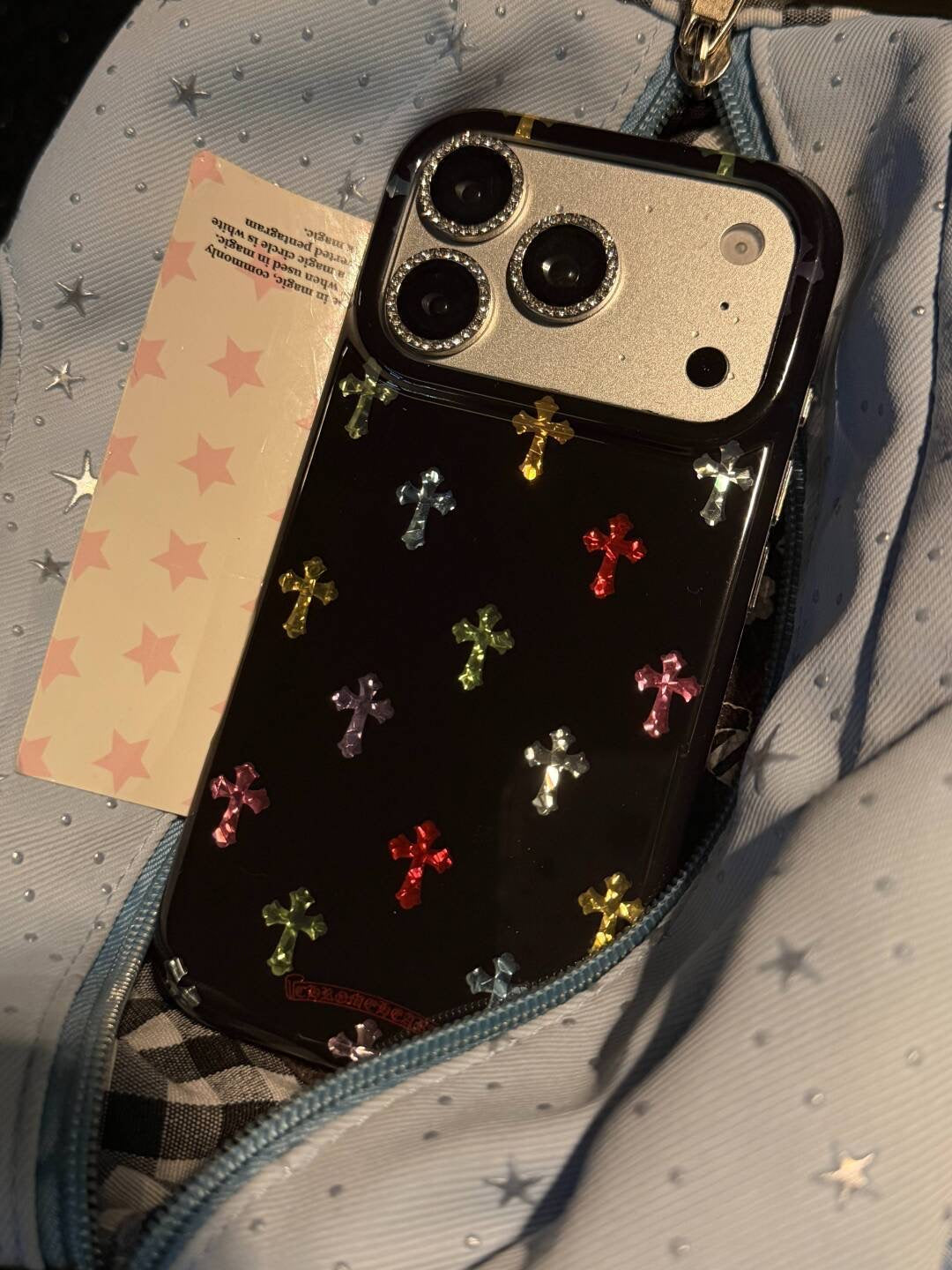 Colorful Cross Charm iPhone Case – Rhinestone Camera Detail