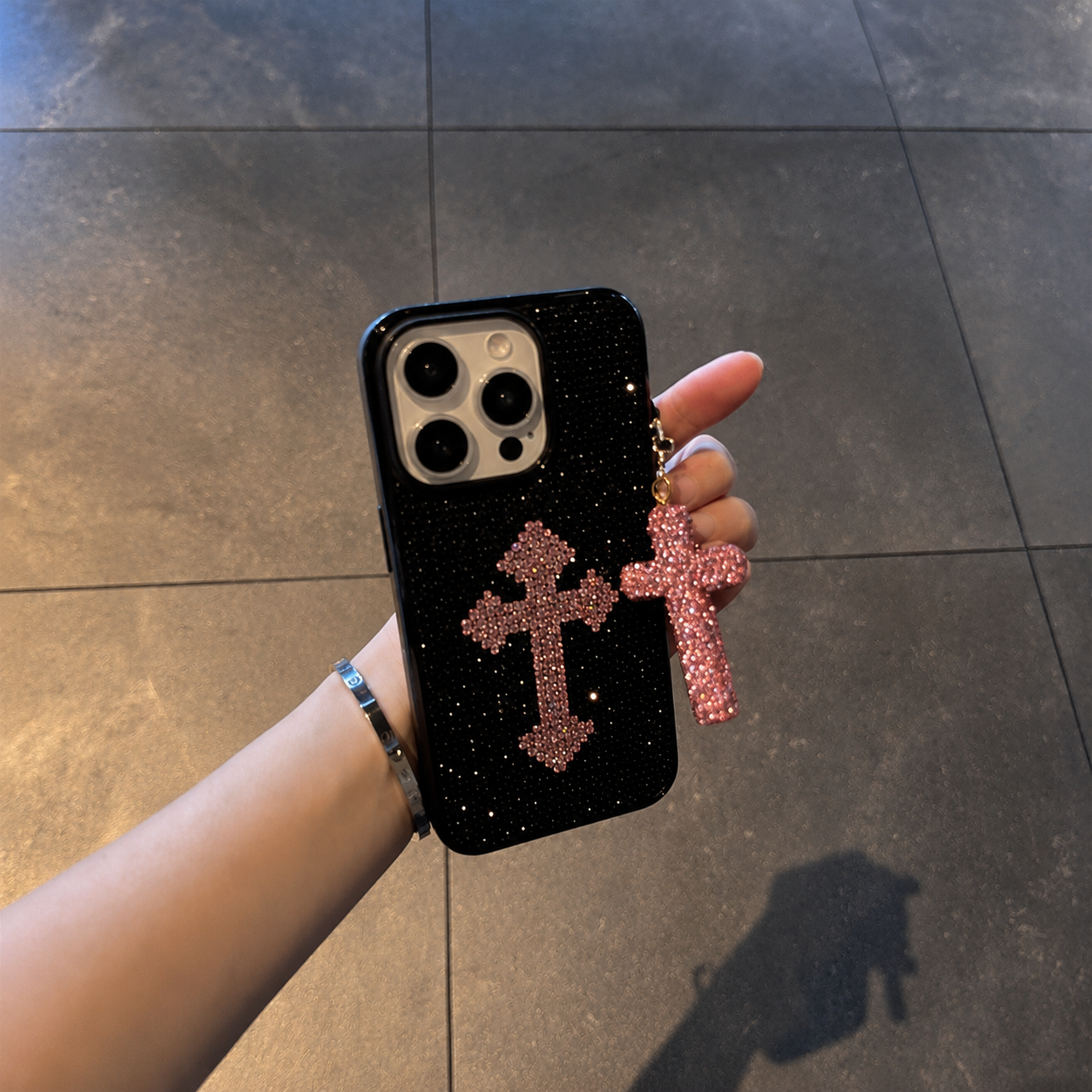 Pink Crystal Cross Charm Glitter Designer iPhone Case
