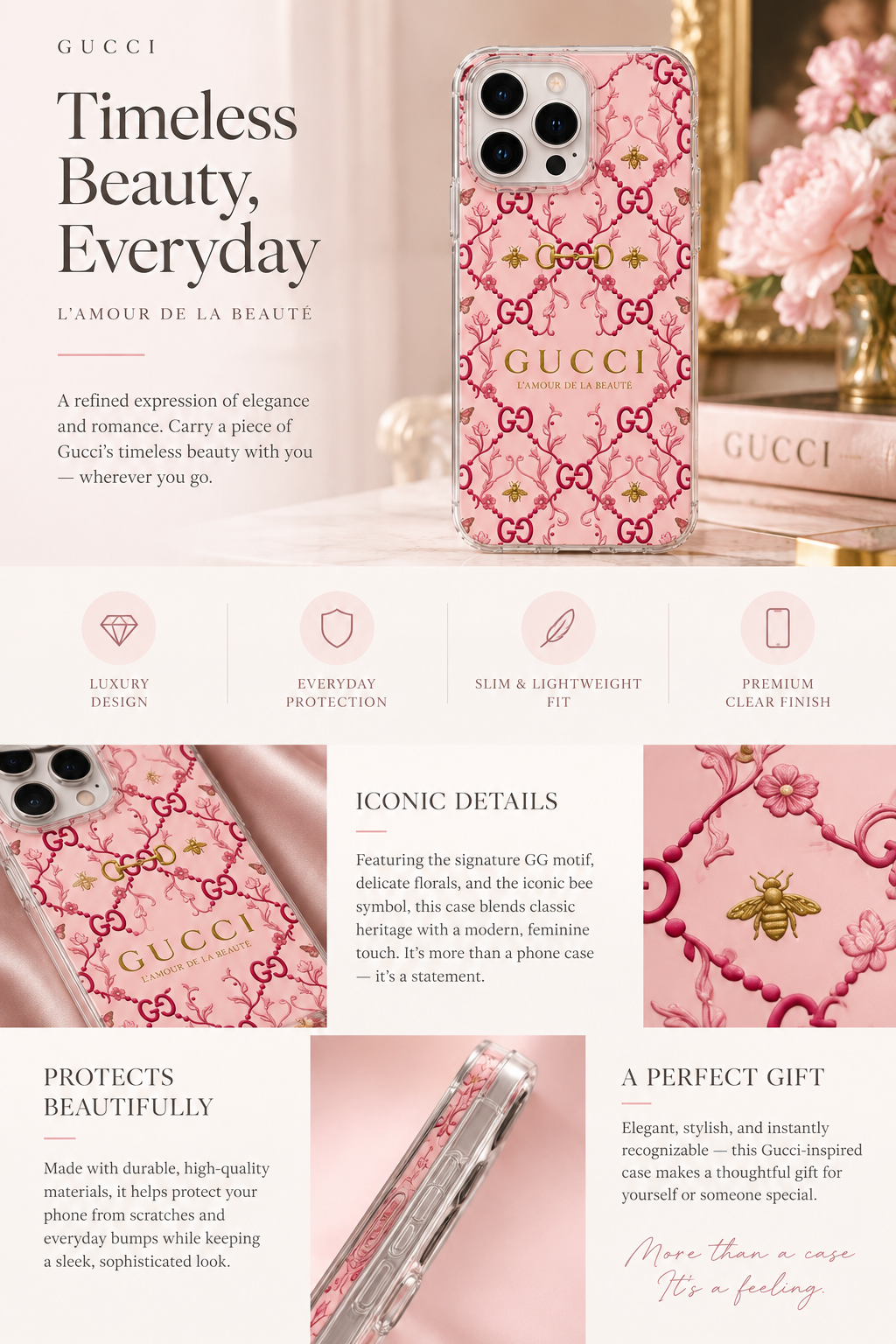 Pink Floral Bow Luxury Phone Case – Elegant Gold & Rose Design