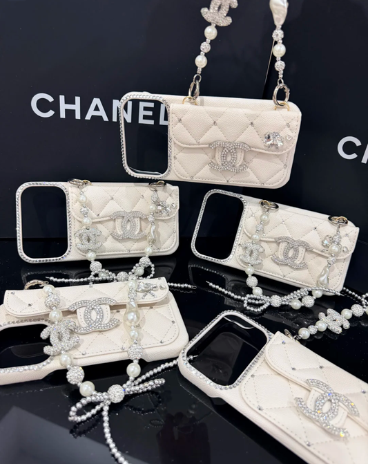 Luxury Quilted Card Holder Pearl Chain Designer iPhone Case