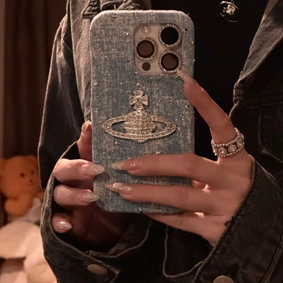 Crystal Orb Embellished Denim iPhone Case