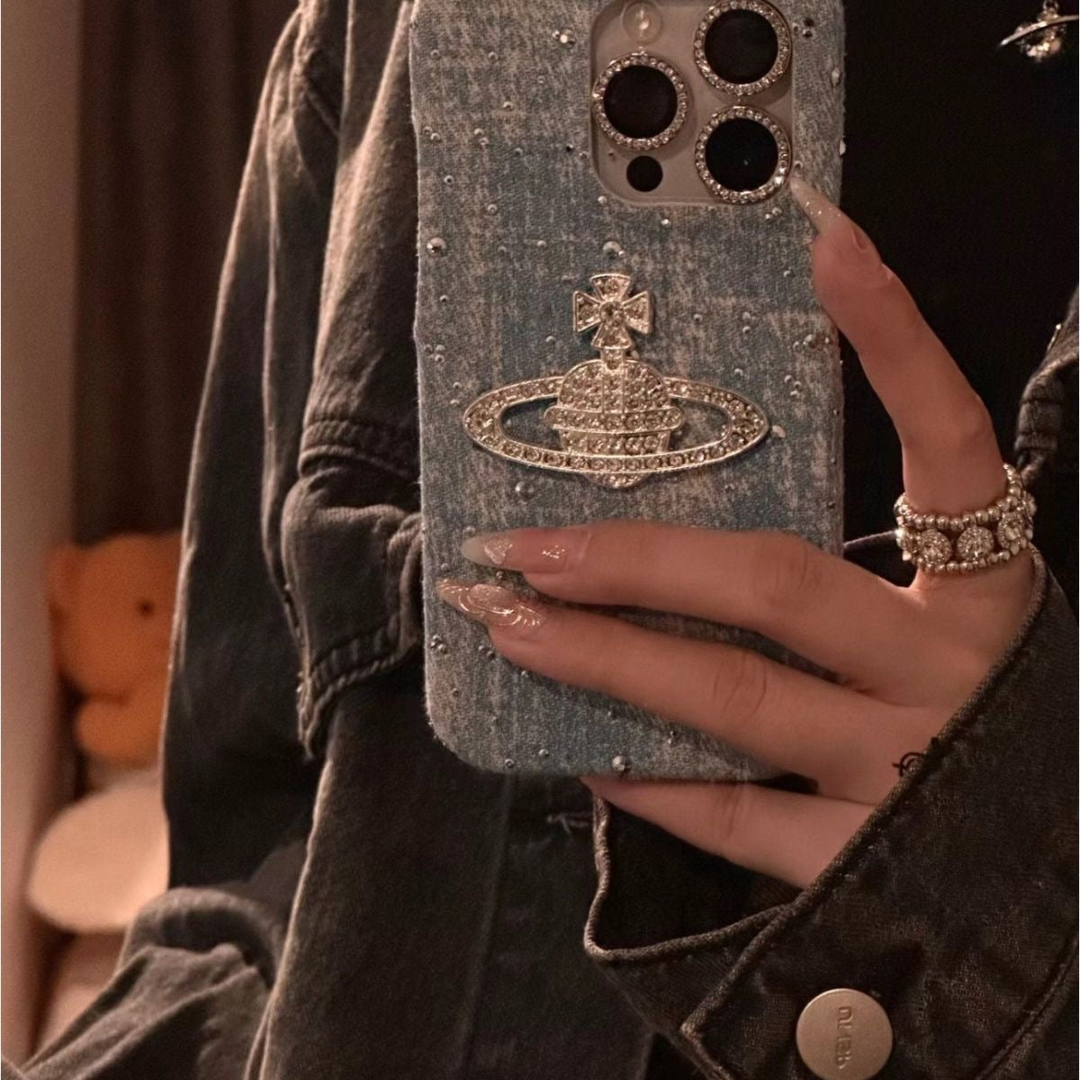 Crystal Orb Embellished Denim iPhone Case