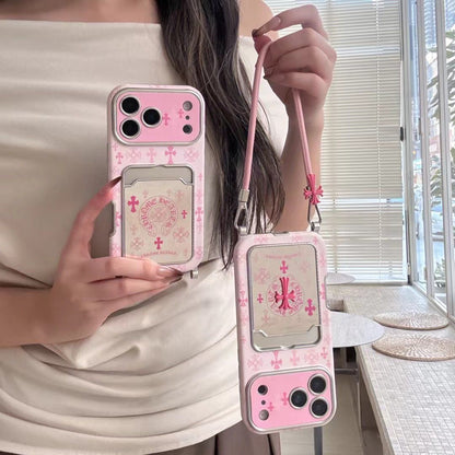 Pink Gothic Cross Card Holder iPhone Case with Wrist Strap
