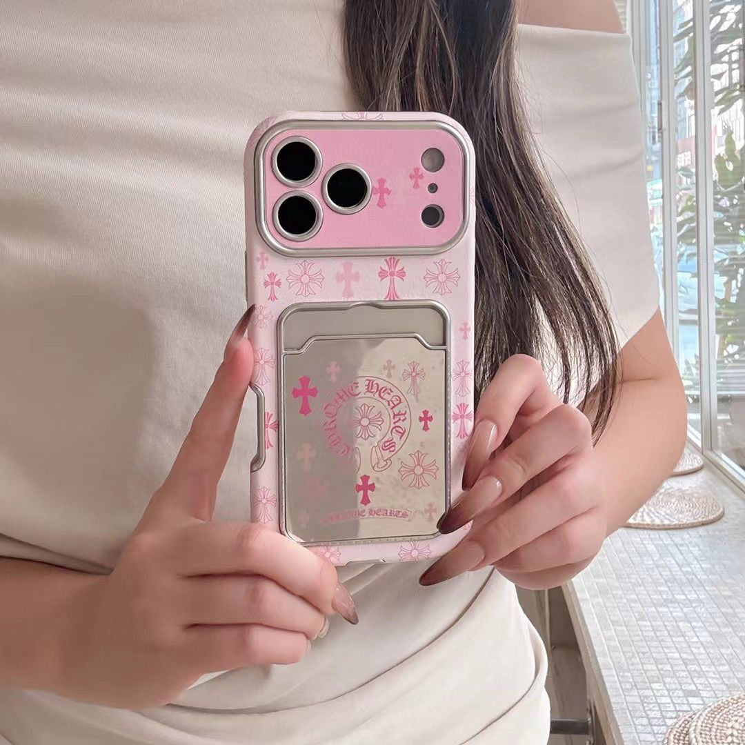 Pink Gothic Cross Card Holder iPhone Case with Wrist Strap