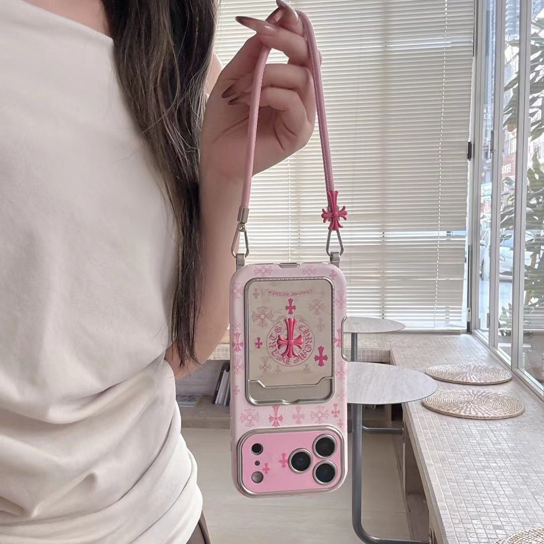 Pink Gothic Cross Card Holder iPhone Case with Wrist Strap