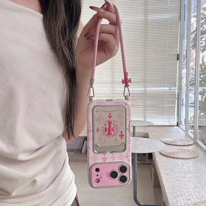 Pink Gothic Cross Card Holder iPhone Case with Wrist Strap
