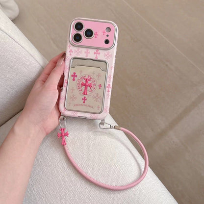 Pink Gothic Cross Card Holder iPhone Case with Wrist Strap