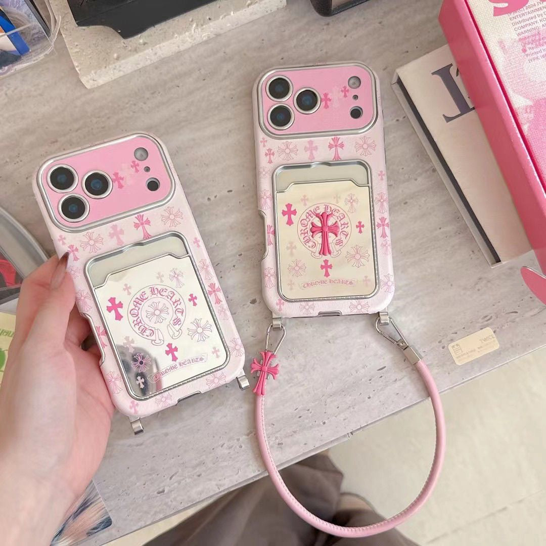 Pink Gothic Cross Card Holder iPhone Case with Wrist Strap