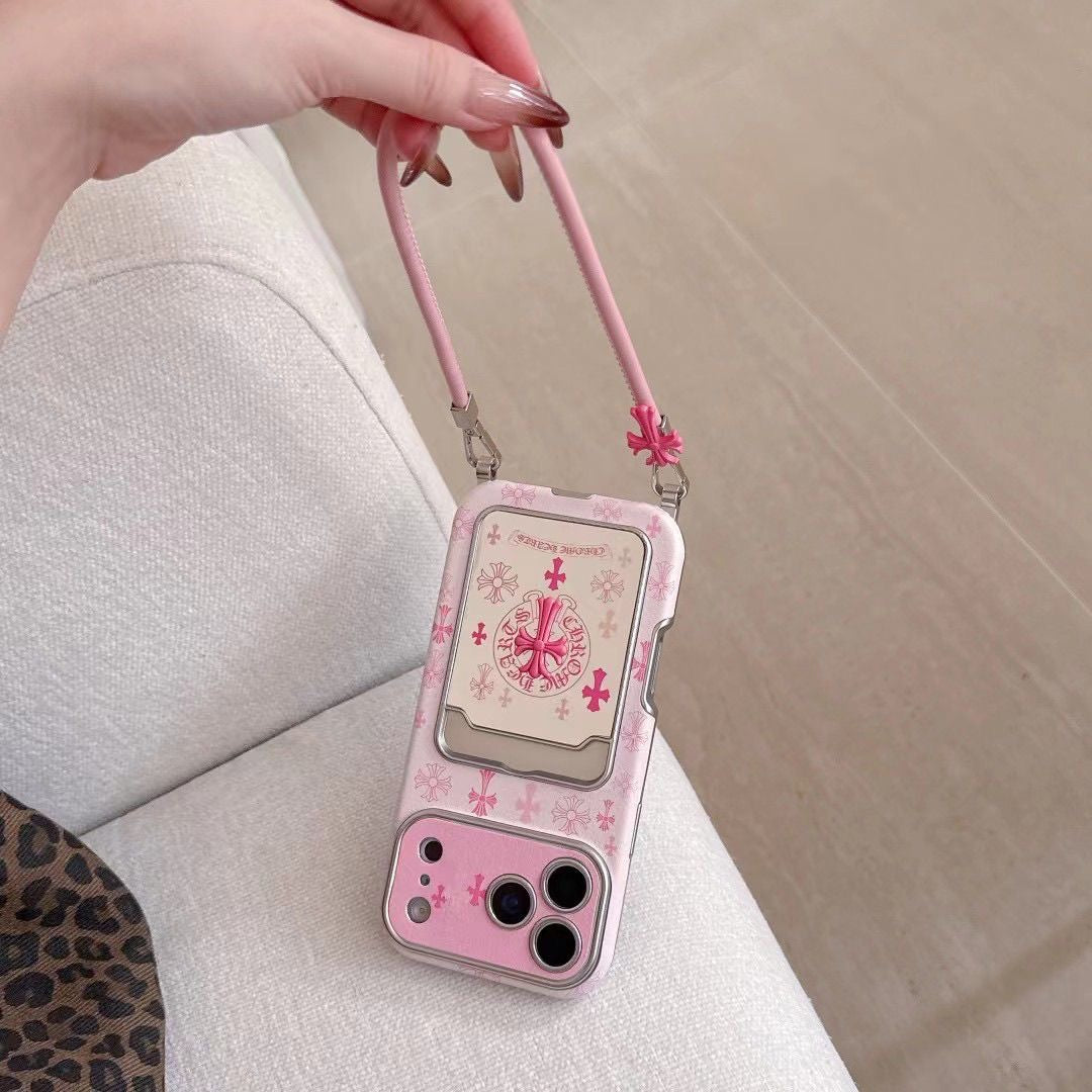 Pink Gothic Cross Card Holder iPhone Case with Wrist Strap