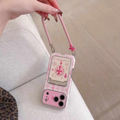 Pink Gothic Cross Card Holder iPhone Case with Wrist Strap