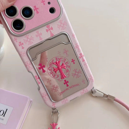 Pink Gothic Cross Card Holder iPhone Case with Wrist Strap
