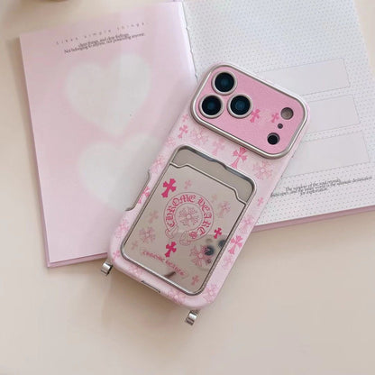Pink Gothic Cross Card Holder iPhone Case with Wrist Strap