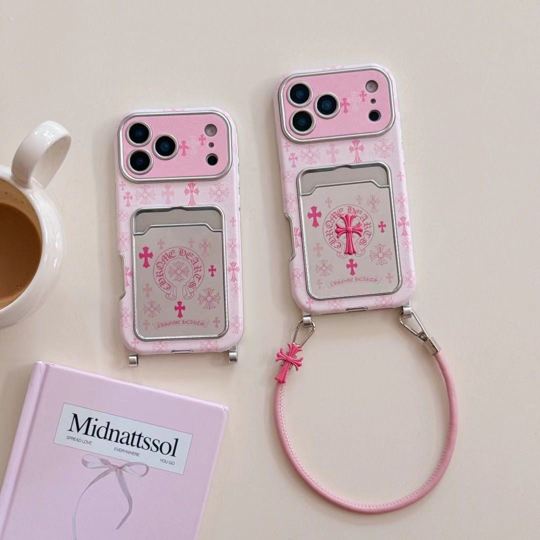 Pink Gothic Cross Card Holder iPhone Case with Wrist Strap