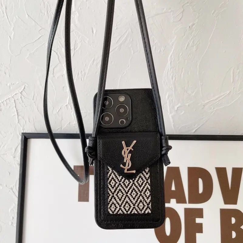 YS Leather Crossbody Wallet iPhone Case – Luxury Woven Card Holder Strap Cover