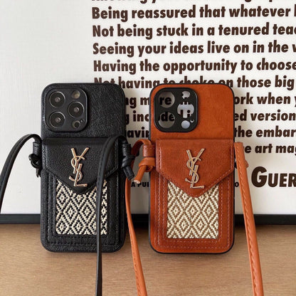 YS Leather Crossbody Wallet iPhone Case – Luxury Woven Card Holder Strap Cover
