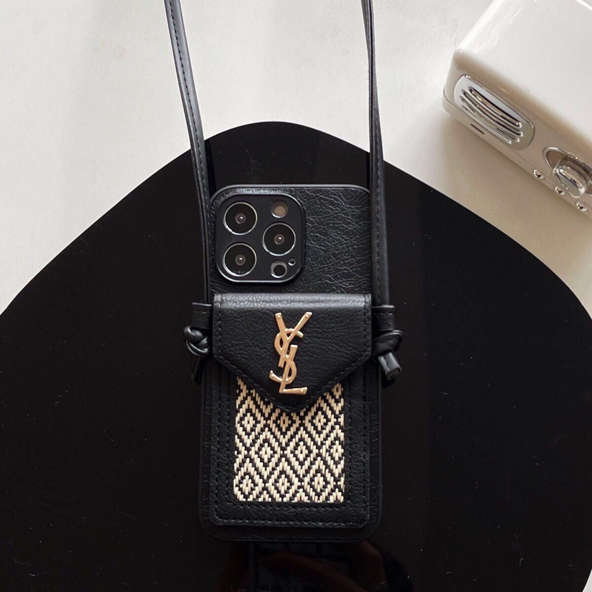 YS Leather Crossbody Wallet iPhone Case – Luxury Woven Card Holder Strap Cover