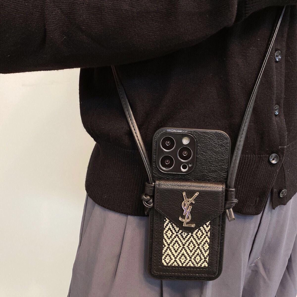 YS Leather Crossbody Wallet iPhone Case – Luxury Woven Card Holder Strap Cover