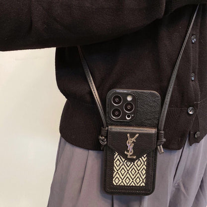 YS Leather Crossbody Wallet iPhone Case – Luxury Woven Card Holder Strap Cover