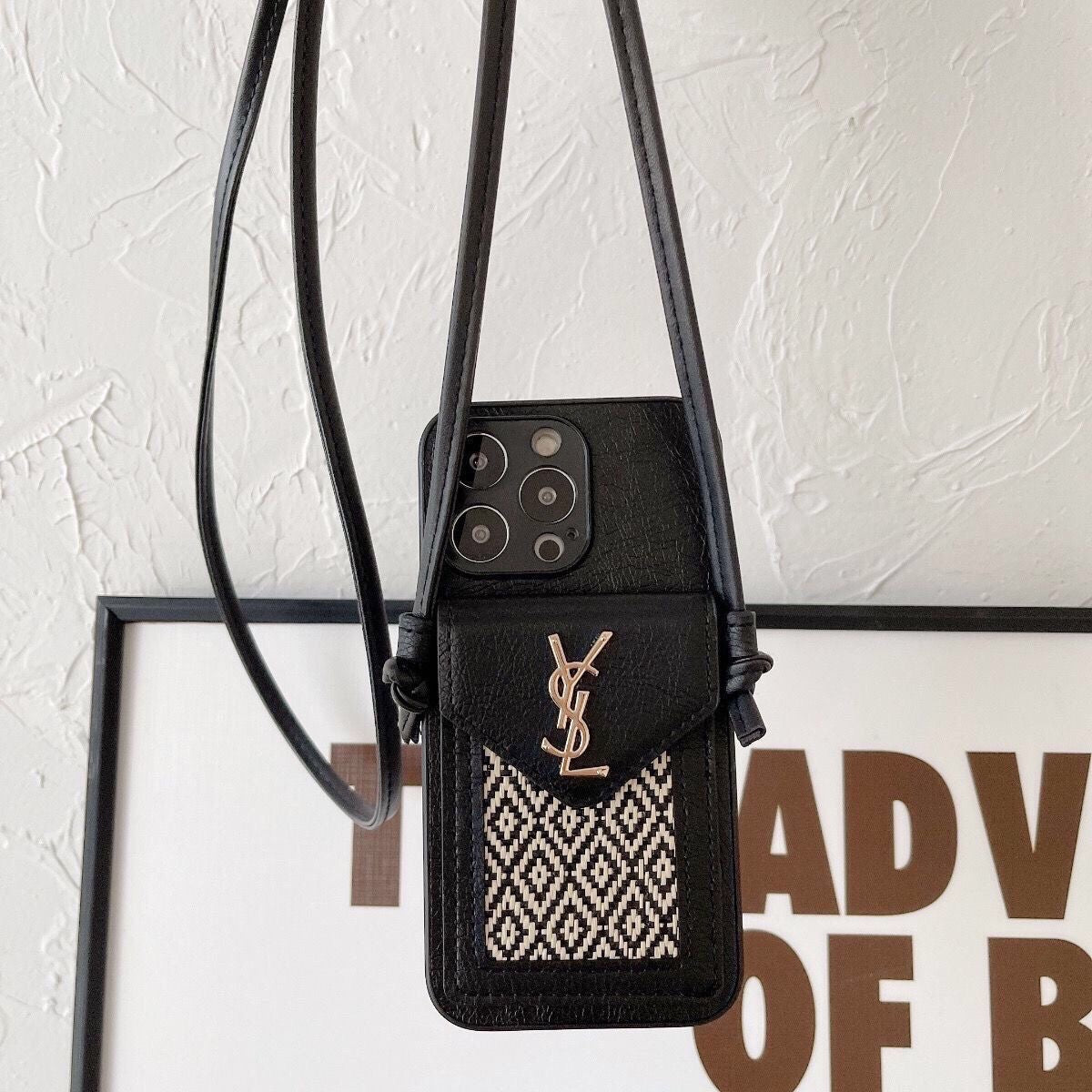 YS Leather Crossbody Wallet iPhone Case – Luxury Woven Card Holder Strap Cover