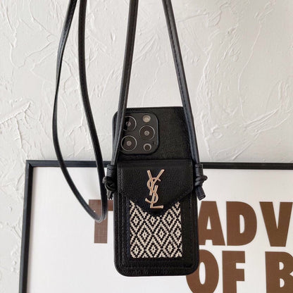 YS Leather Crossbody Wallet iPhone Case – Luxury Woven Card Holder Strap Cover