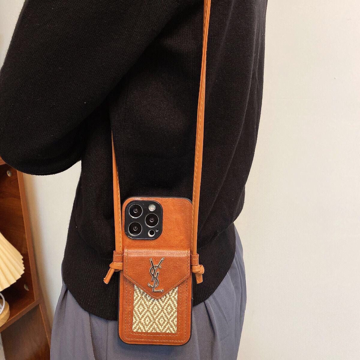 YS Leather Crossbody Wallet iPhone Case – Luxury Woven Card Holder Strap Cover