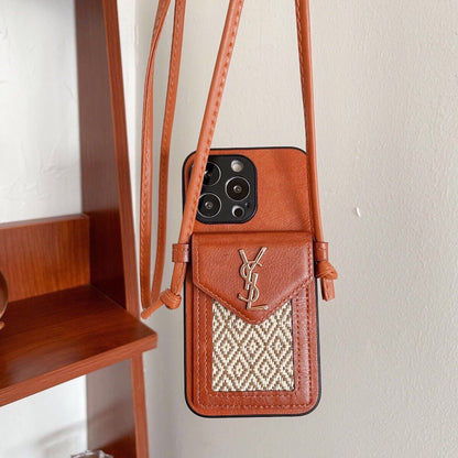 YS Leather Crossbody Wallet iPhone Case – Luxury Woven Card Holder Strap Cover