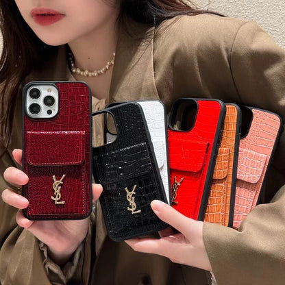 Y Crocodile Leather Wallet iPhone Case – Luxury Card Holder Protective Cover