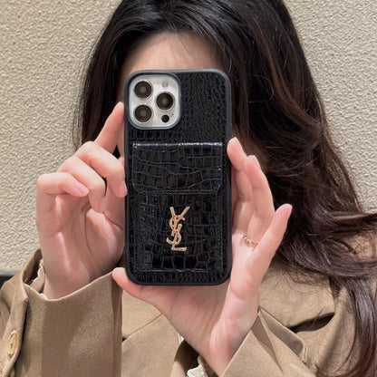 Y Crocodile Leather Wallet iPhone Case – Luxury Card Holder Protective Cover