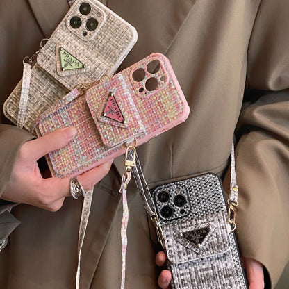 P Tweed Crossbody Wallet iPhone Case – Luxury Card Holder Strap Cover