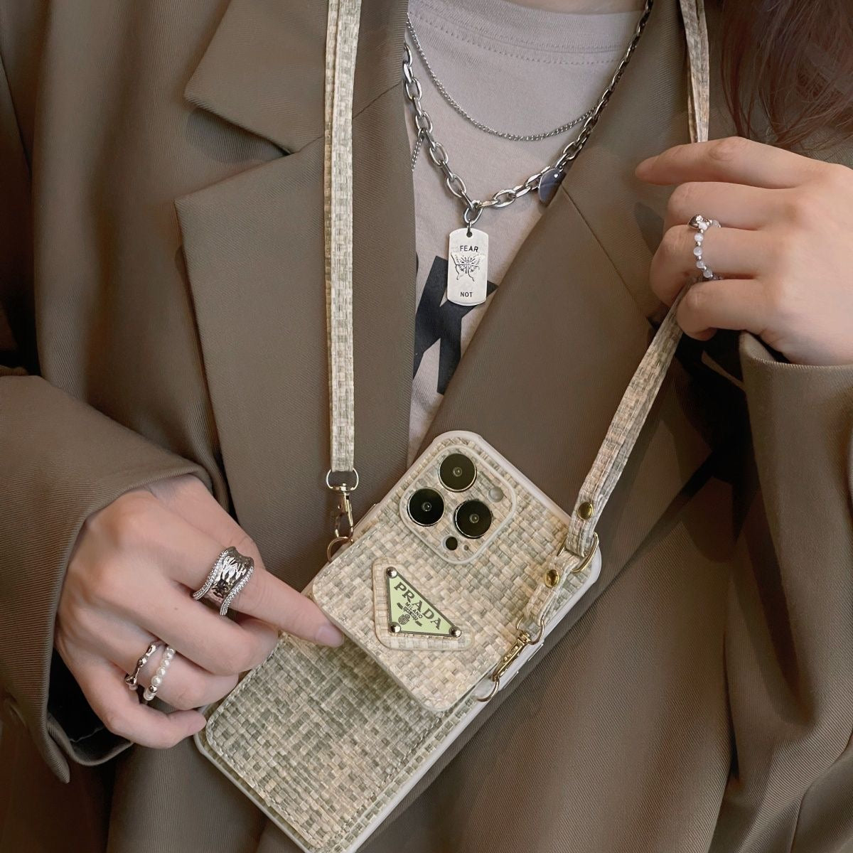 P Tweed Crossbody Wallet iPhone Case – Luxury Card Holder Strap Cover