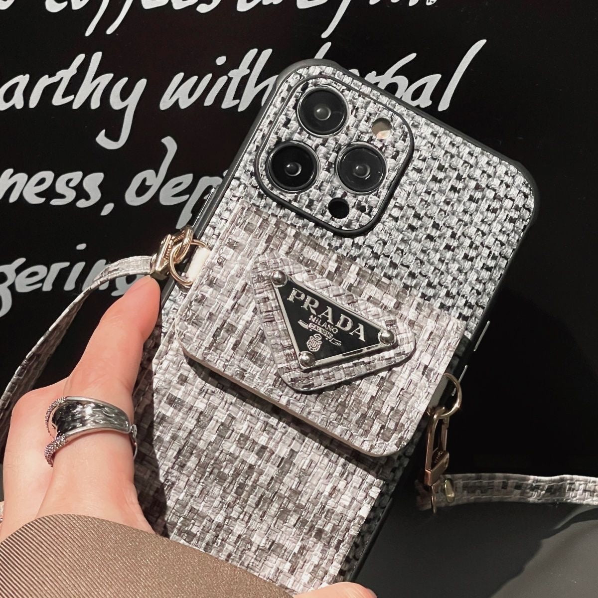 P Tweed Crossbody Wallet iPhone Case – Luxury Card Holder Strap Cover
