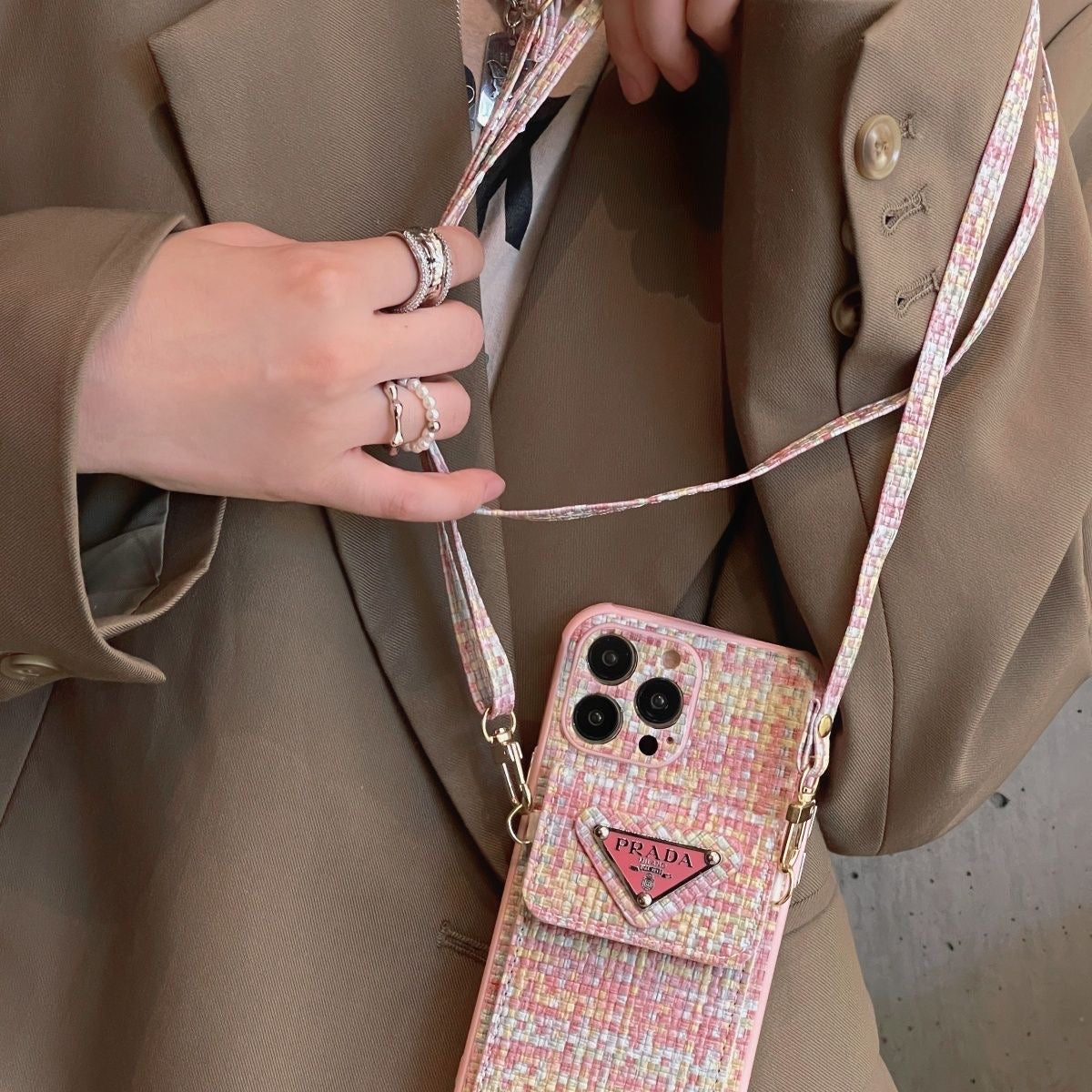 P Tweed Crossbody Wallet iPhone Case – Luxury Card Holder Strap Cover