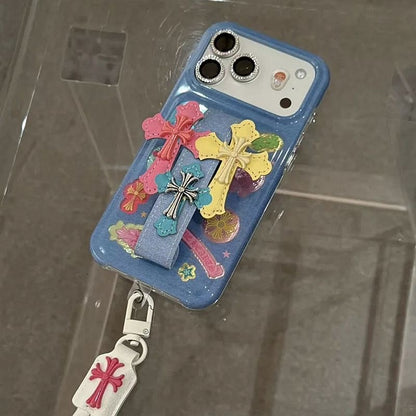 C Cross Grip Strap Luxury iPhone Case – Colorful Cross Stand Protective Cover