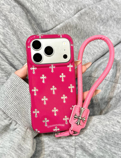 Cross Charm Glossy iPhone Case – Pink, White & Black