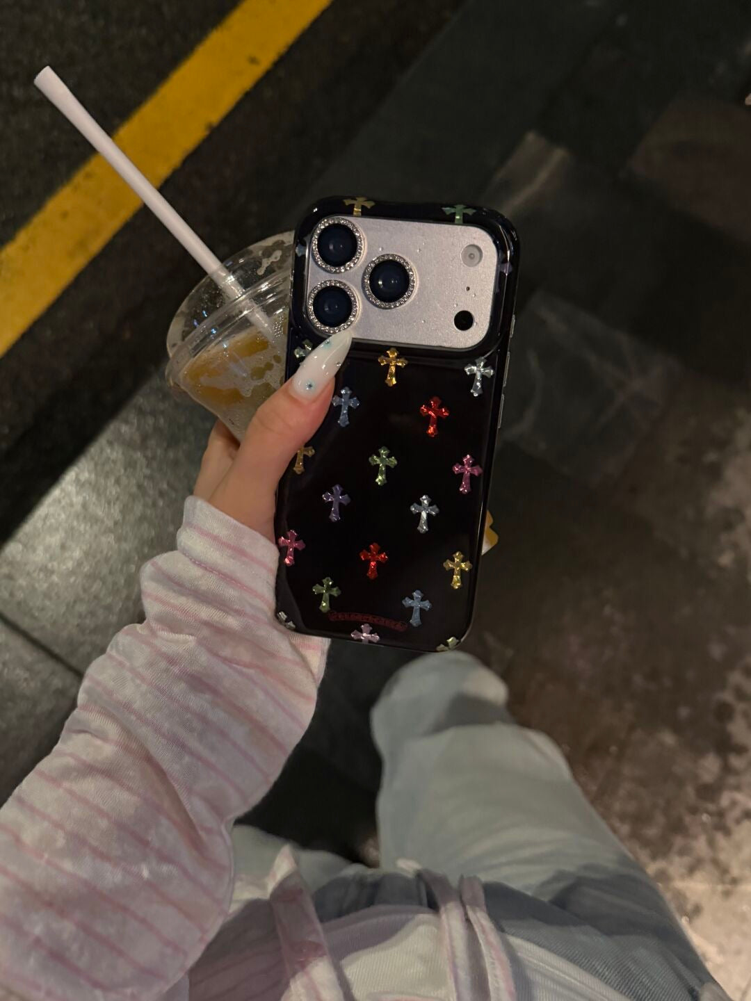 Colorful Cross Charm iPhone Case – Rhinestone Camera Detail