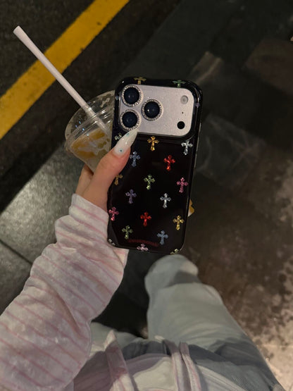 Colorful Cross Charm iPhone Case – Rhinestone Camera Detail