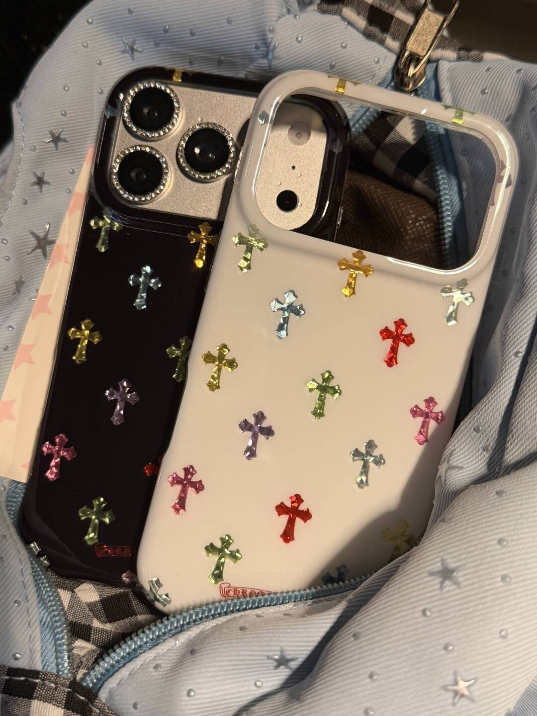 Colorful Cross Charm iPhone Case – Rhinestone Camera Detail