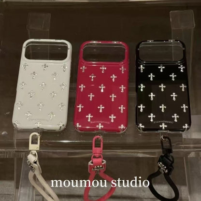 Cross Charm Glossy iPhone Case – Pink, White & Black