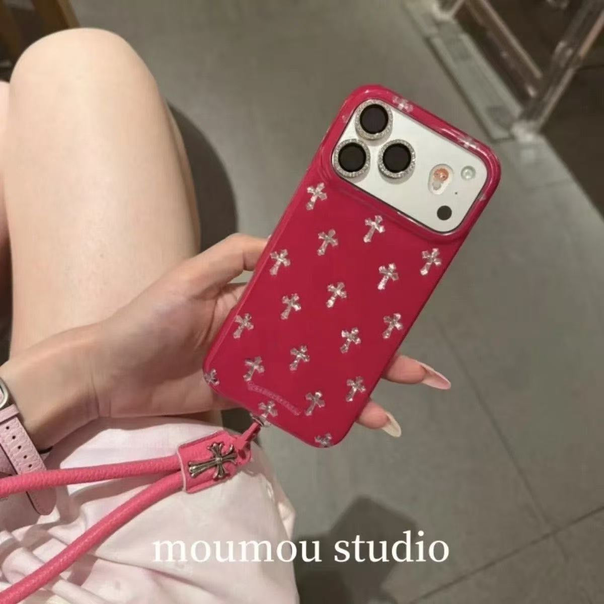 Cross Charm Glossy iPhone Case – Pink, White & Black