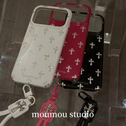 Cross Charm Glossy iPhone Case – Pink, White & Black