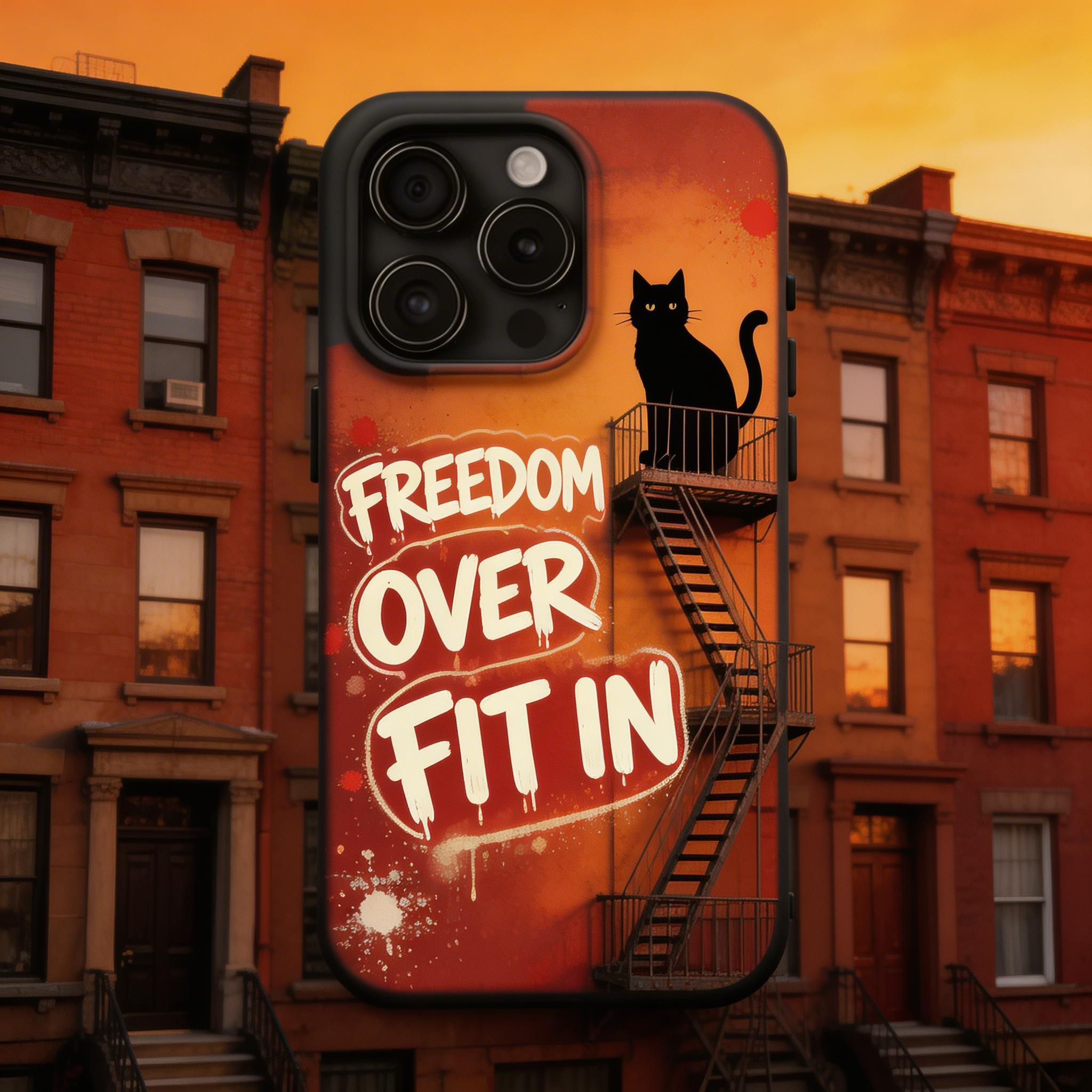 Freedom Over Fit In — Black Cat Street Art Phone Case