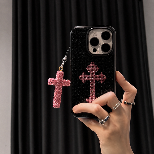 Pink Crystal Cross Charm Glitter Designer iPhone Case