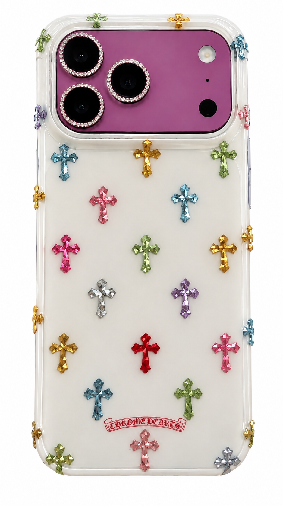 Colorful Cross Charm iPhone Case – Rhinestone Camera Detail