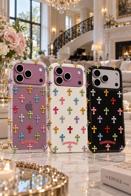 Colorful Cross Charm iPhone Case – Rhinestone Camera Detail