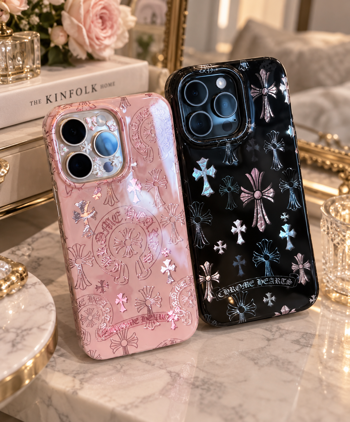 Gothic Cross Floral iPhone Case – Glossy Pink & Black