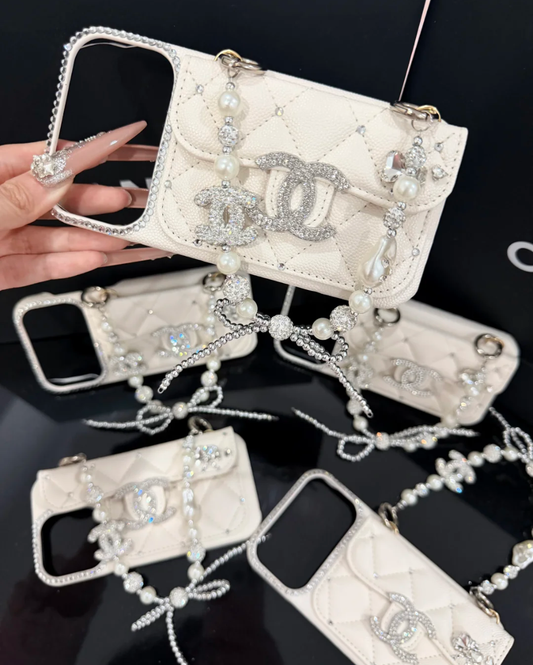 Luxury Quilted Card Holder Pearl Chain Designer iPhone Case
