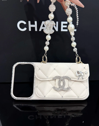 Luxury Quilted Card Holder Pearl Chain Designer iPhone Case