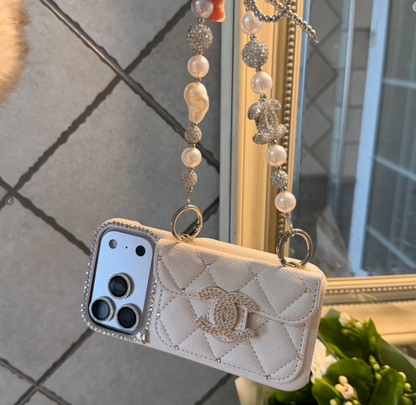Luxury Quilted Card Holder Pearl Chain Designer iPhone Case